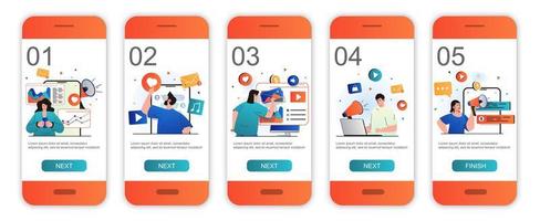 Digital marketing concept onboarding screens for mobile app templates. Advertising promotion. Modern UI, UX, GUI screens user interface kit with people scenes for web design. Vector illustration