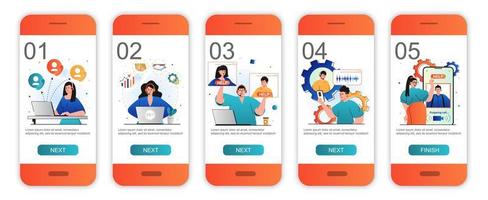 Customer service concept onboarding screens for mobile app templates. Answer calls and messages. Modern UI, UX, GUI screens user interface kit with people scenes for web design. Vector illustration