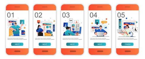 Web design concept onboarding screens for mobile app templates. Developers create page layout. Modern UI, UX, GUI screens user interface kit with people scenes for web design. Vector illustration