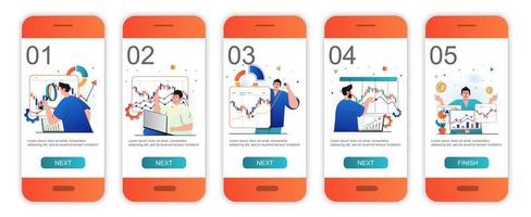 Stock market concept onboarding screens for mobile app templates. Analyzing financial data graph. Modern UI, UX, GUI screens user interface kit with people scenes for web design. Vector illustration