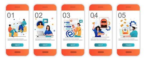 Email service concept onboarding screens for mobile app templates. Users sending letters in apps. Modern UI, UX, GUI screens user interface kit with people scenes for web design. Vector illustration