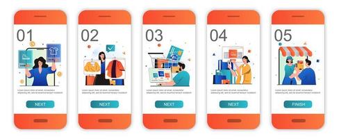 Online shopping concept onboarding screens for mobile app templates. Customers buying at sales. Modern UI, UX, GUI screens user interface kit with people scenes for web design. Vector illustration