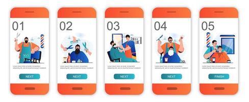 pantallas de incorporación de concepto de barbería para plantillas de aplicaciones móviles. peluquero afeita y cuida la barba. moderno kit de interfaz de usuario de pantallas ui, ux, gui con escenas de personas para diseño web. ilustración vectorial vector