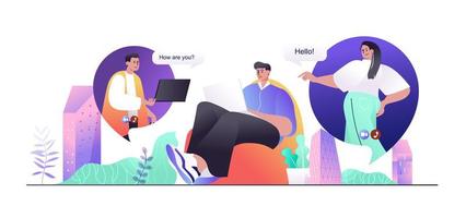 concepto de videoconferencia para banner web. el hombre y la mujer hacen videollamadas y hablan, amigos en el chat grupal, escena de gente moderna. ilustración vectorial en diseño plano de dibujos animados con personajes de personas vector