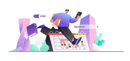 Business planning concept for web banner. Man doing work tasks, hurrying to deadline, time management in office modern people scene. Vector illustration in flat cartoon design with person characters