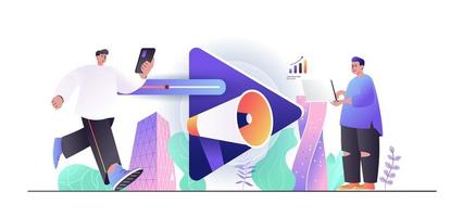 Video marketing concept for web banner. Men creation ad video content, online promotion strategy, advertisement, modern people scene. Vector illustration in flat cartoon design with person characters