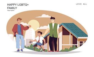 Happy LGBT family concept. Male fathers with son walking at street and pastime together at home. Homosexual couple, gay relationship and parenthood. Vector illustration of people in flat design
