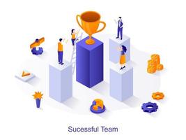 Successful team isometric web concept. People working together, achieve business goals, win valuable trophies and receive winner cup scene. Vector illustration for website template in 3d design