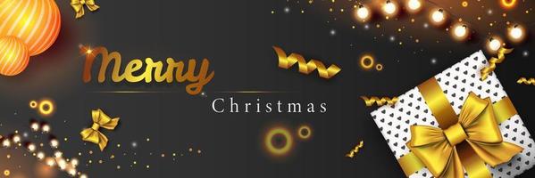 Merry Christmas web banner. Xmas and Happy New Year 2022 holiday celebration poster. Vector illustration with 3d realistic elements. Horizontal christmas poster, background, greeting cards, header.