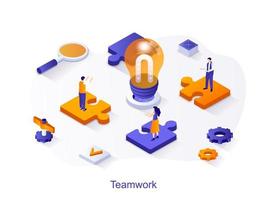 Teamwork isometric web concept. People work together, generate ideas, brainstorm, success collaboration of colleagues, business development scene. Vector illustration for website template in 3d design