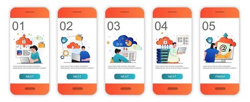 Cloud computing concept onboarding screens for mobile app templates. Data processing and storage. Modern UI, UX, GUI screens user interface kit with people scenes for web design. Vector illustration