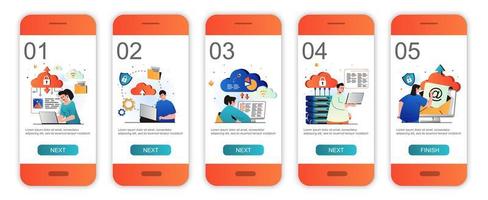 pantallas de incorporación de concepto de computación en la nube para plantillas de aplicaciones móviles. procesamiento y almacenamiento de datos. moderno kit de interfaz de usuario de pantallas ui, ux, gui con escenas de personas para diseño web. ilustración vectorial vector