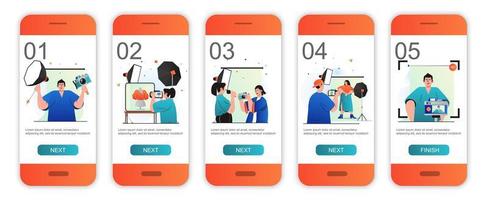 pantallas de incorporación de concepto de estudio fotográfico para plantillas de aplicaciones móviles. los fotógrafos hacen sesiones de fotos. moderno kit de interfaz de usuario de pantallas ui, ux, gui con escenas de personas para diseño web. ilustración vectorial vector