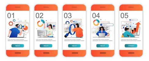 Seo analysis concept onboarding screens for mobile app templates. Analysts optimize search data. Modern UI, UX, GUI screens user interface kit with people scenes for web design. Vector illustration