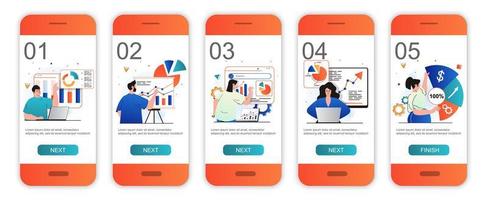 pantallas de incorporación del concepto de rendimiento de ventas para plantillas de aplicaciones móviles. los especialistas en marketing analizan los datos. moderno kit de interfaz de usuario de pantallas ui, ux, gui con escenas de personas para diseño web. ilustración vectorial vector