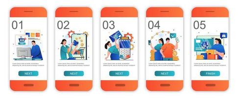 pantallas de incorporación de concepto de pago en línea para plantillas de aplicaciones móviles. los clientes realizan transacciones. moderno kit de interfaz de usuario de pantallas ui, ux, gui con escenas de personas para diseño web. ilustración vectorial vector