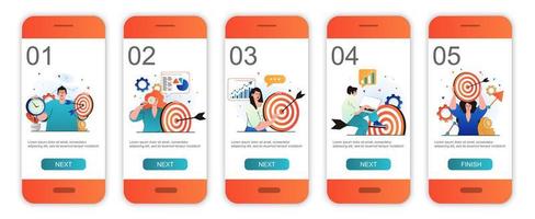 Business target concept onboarding screens for mobile app templates. Targeting, marketing success. Modern UI, UX, GUI screens user interface kit with people scenes for web design. Vector illustration