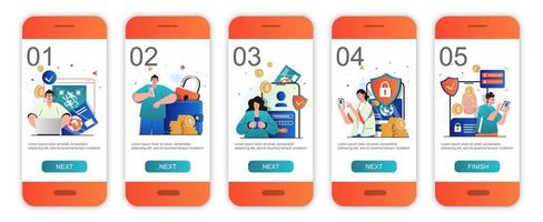 Secure payment concept onboarding screens for mobile app templates. Protection of transactions. Modern UI, UX, GUI screens user interface kit with people scenes for web design. Vector illustration