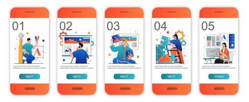 Design studio concept onboarding screens for mobile app templates. Designers draw layout elements. Modern UI, UX, GUI screens user interface kit with people scenes for web design. Vector illustration