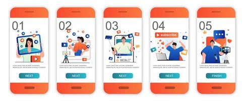 Video blogging concept onboarding screens for mobile app templates. Bloggers create video content. Modern UI, UX, GUI screens user interface kit with people scenes for web design. Vector illustration