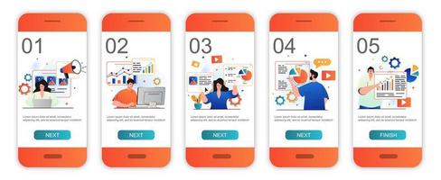 pantallas de incorporación de concepto de marketing para plantillas de aplicaciones móviles. promoción empresarial, análisis de datos. moderno kit de interfaz de usuario de pantallas ui, ux, gui con escenas de personas para diseño web. ilustración vectorial vector