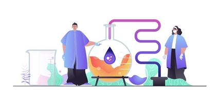 Science laboratory concept for web banner. Scientists make scientific research, experiment on lab equipment , modern people scene. Vector illustration in flat cartoon design with person characters