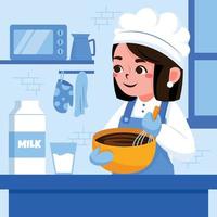 A Girl Baking A Cake in The Kitchen vector