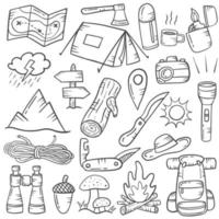 camping concept doodle hand drawn set collections with outline black and white style vector