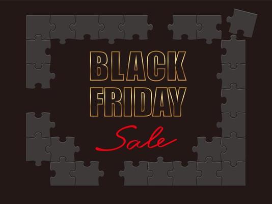 Black Friday Sale Vector Frame Made Of Jig-Saw Puzzle Pieces On A Black Background.