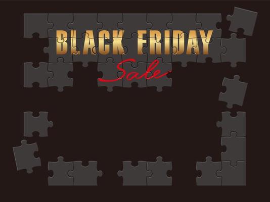 Black Friday Sale Vector Frame Made Of Jig-Saw Puzzle Pieces On A Black Background.