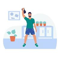 A young man does exercises with a kettlebell. Sports at home, healthy lifestyle. Flat cartoon vector illustration.