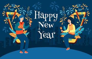 Celebración virtual de año nuevo con fuegos artificiales y champán. vector