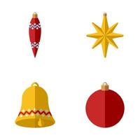 conjunto de adornos navideños. colección de juguetes para árbol de navidad. estilo plano. Elementos tradicionales de invierno para diseño de logotipo, pegatina, impresión, emblema, etiqueta, insignia, saludo e invitación. vector