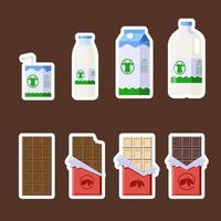 Chocolate and Dairy Products Stickers Set. Flat Style. Collection of Candy Bars and Milk in different package icons for logo, label, print, recipe, menu, decor and decoration vector