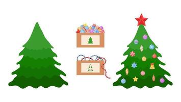 Set of Christmas trees. Preparing for winter holidays. Box with new year decorations and garland. Tree empty and decorated. Vector flat illustration