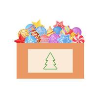 Box with decorations for christmas tree. Balls, stars with ornament. Preparation to winter holidays. Vector object isolated