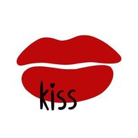 Red lips, vector doodle. Lettering kiss. Hand drawn doodles in color. Isolated on white background