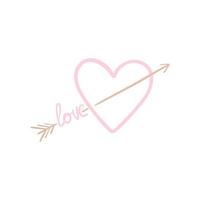 pink heart line art, vector doodle. Arrow with the inscription love, valentine's day card