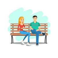 Vector illustration of young couple sitting on a bench and talking. Rest and outdoor quiet time