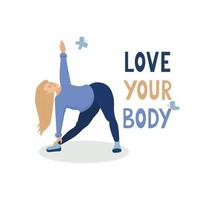Love your body quote and a nice young woman doing yoga vector
