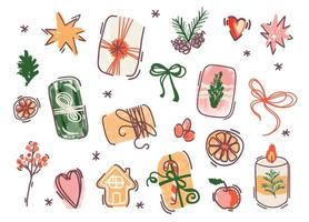 Christmas presents collection. Assorted boxes with accessories for decorating. Hand drawn vector illustration with texture