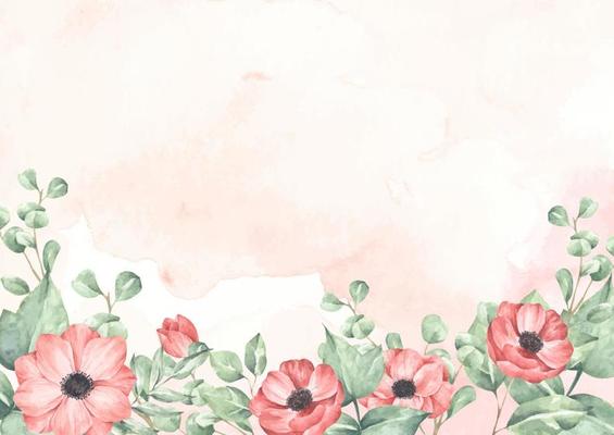 Pink watercolor texture and flowers and leaves.