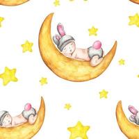 Watercolor seamless pattern with baby sleeping on the moon. vector