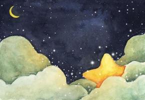 Watercolor painting of night sky with crescent moon and shining stars. vector