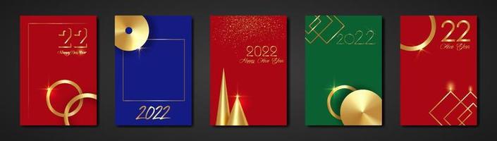 establecer tarjetas 2022 feliz año nuevo textura dorada, fondo moderno colorido de lujo dorado, elementos para calendario y tarjeta de felicitación o invitaciones navideñas de vacaciones de invierno con decoraciones geométricas vector