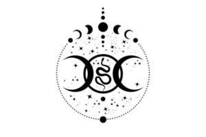 Magic mystic Triple Moon and Snake, Moon Phases. Sacred geometry, celestial pagan Wiccan goddess symbol. Cosmic scene wicca banner sign, energy circle, boho style, vector isolatedon white background
