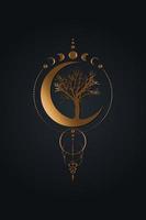 Mystical Moon Phases, tree of life, Sacred geometry. Triple moon, half moon pagan Wiccan goddess symbol, old golden wicca banner sign, energy circle, boho style vector isolated on black background