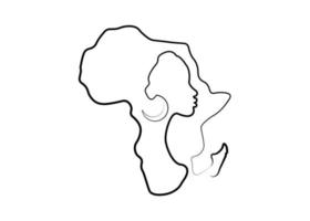 Black African Woman in line art style, continuous line drawing of Afro woman and African continent map. Vector linework tattoo icon logo isolated on white background