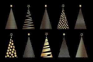 set of gold vector stylized Christmas tree, logo icon festive isolated on black background