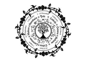 La rueda del año es un ciclo anual de festivales estacionales. Calendario wiccano y festivos. brújula con árbol de la vida, flores y hojas símbolo pagano, nombres en celta de los solsticios, vector aislado